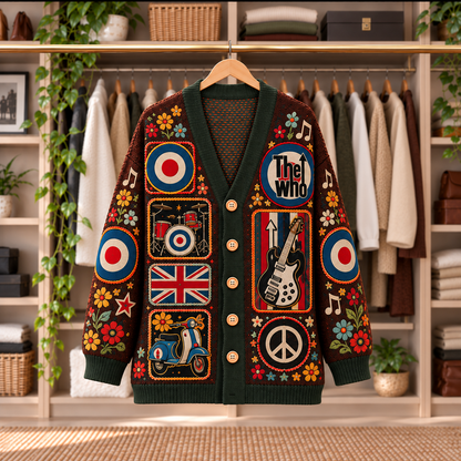 The Who Patchwork Cardigan - Casual Oversized Button Sweater, Target Logo Vespa Classic Rock Music Fan Gift