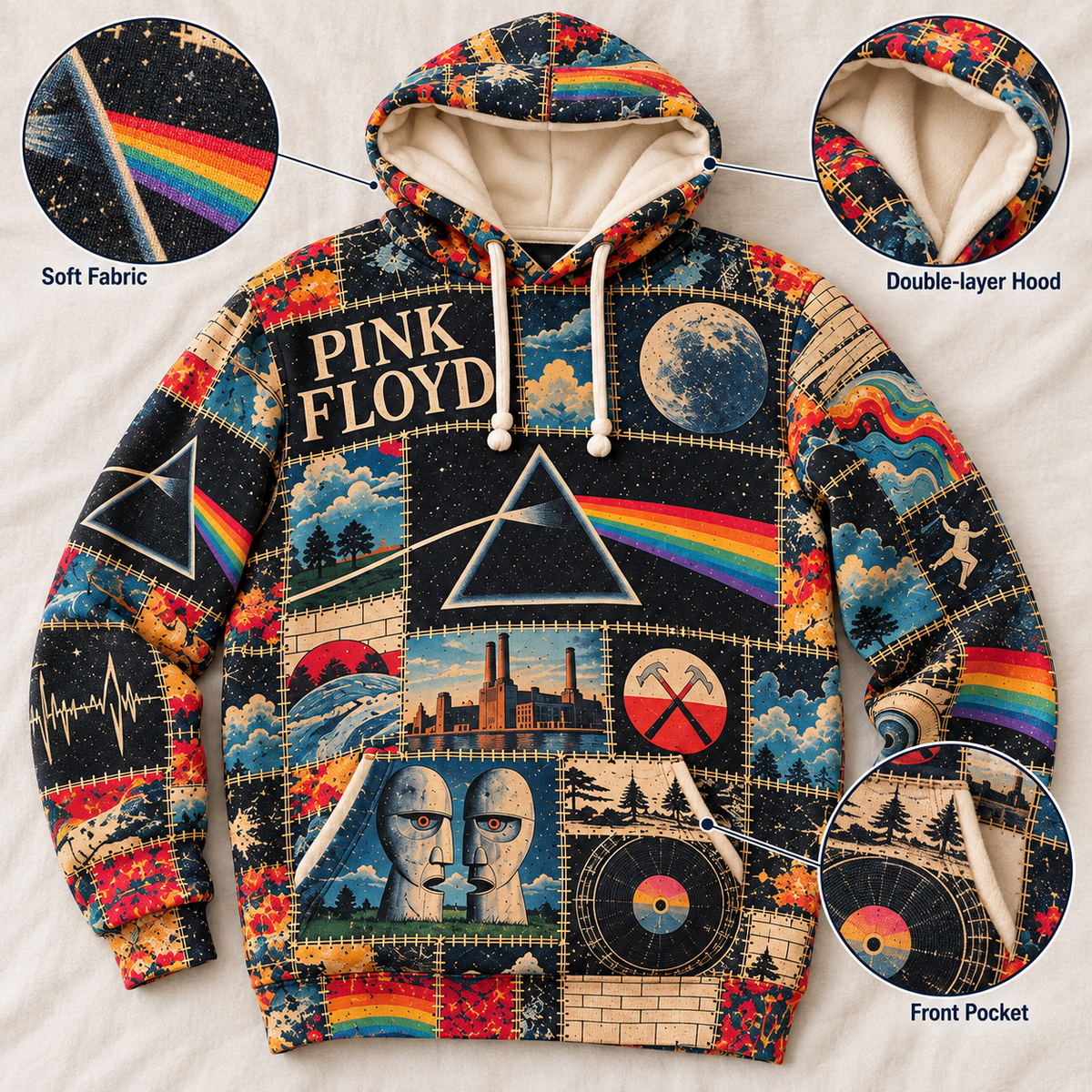 Pink Floyd Patchwork Hoodie – Vintage Psychedelic Rock Graphic Pullover, Dark Side of the Moon Inspired Sweatshirt, Retro 70s Rock Music Hoodie