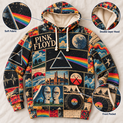 Pink Floyd Patchwork Hoodie – Vintage Psychedelic Rock Graphic Pullover, Dark Side of the Moon Inspired Sweatshirt, Retro 70s Rock Music Hoodie