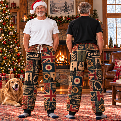 Oasis Classic Britpop Lounge Pants - Retro Patchwork London Skyline, Classic Mini Car & Mod Target Art Sleepwear