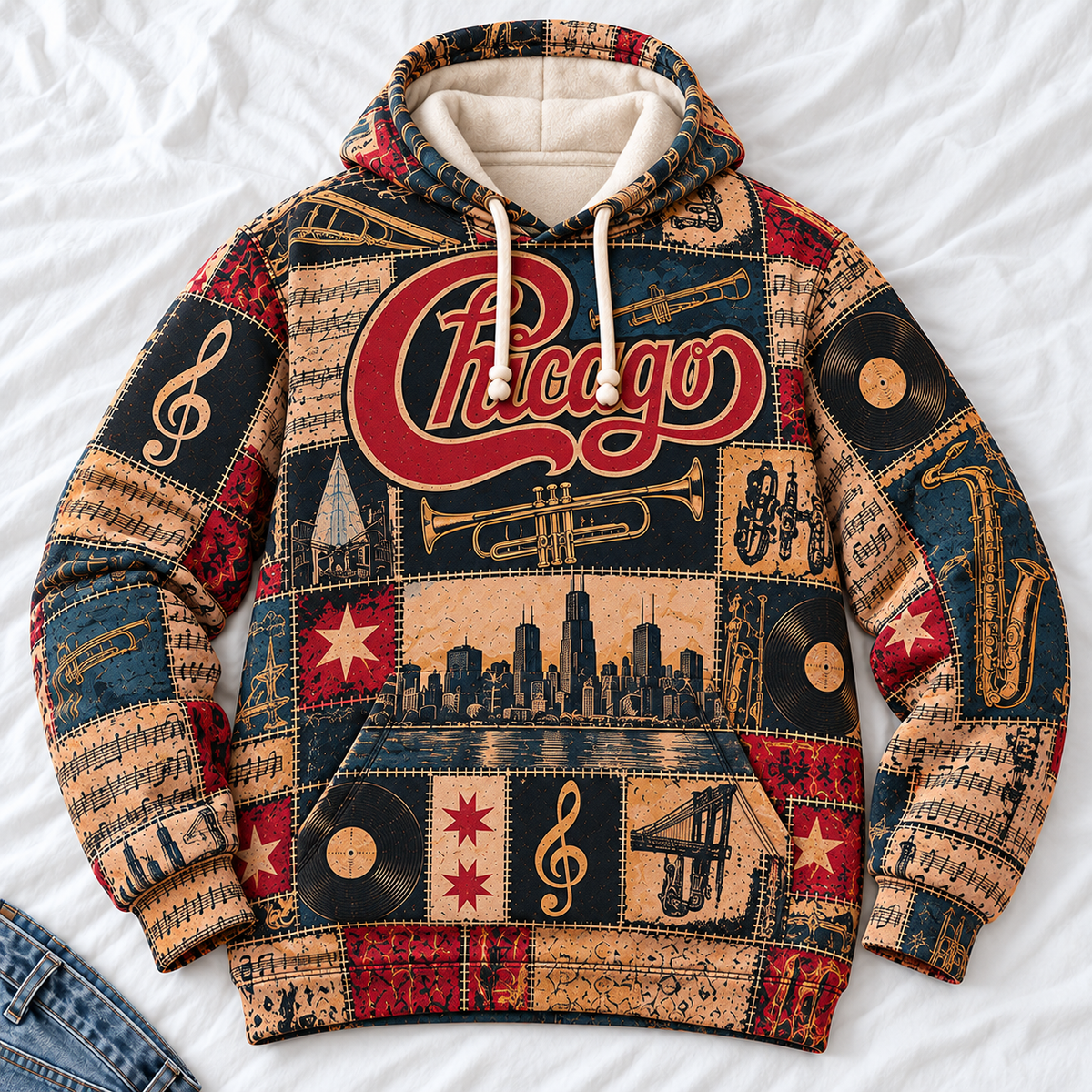 Chicago Band Patchwork Hoodie – Vintage Classic Rock Graphic Pullover, Retro 70s 80s Music Hoodie, Chicago Fan Gift