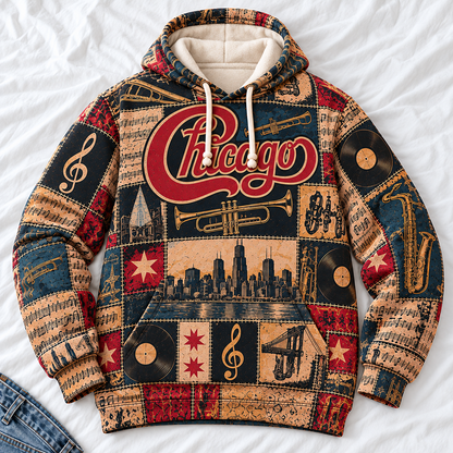 Chicago Band Patchwork Hoodie – Vintage Classic Rock Graphic Pullover, Retro 70s 80s Music Hoodie, Chicago Fan Gift