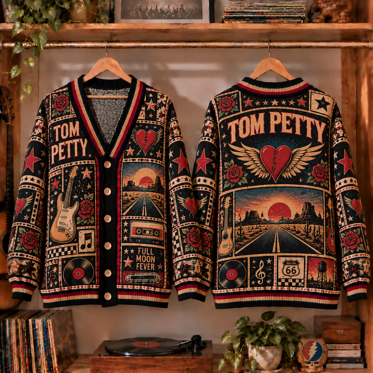 Tom Petty Retro Graphic Cardigan - Vintage Rock Legend Knit Outerwear, Heartbreakers Fan Apparel & Fashion Style Gift