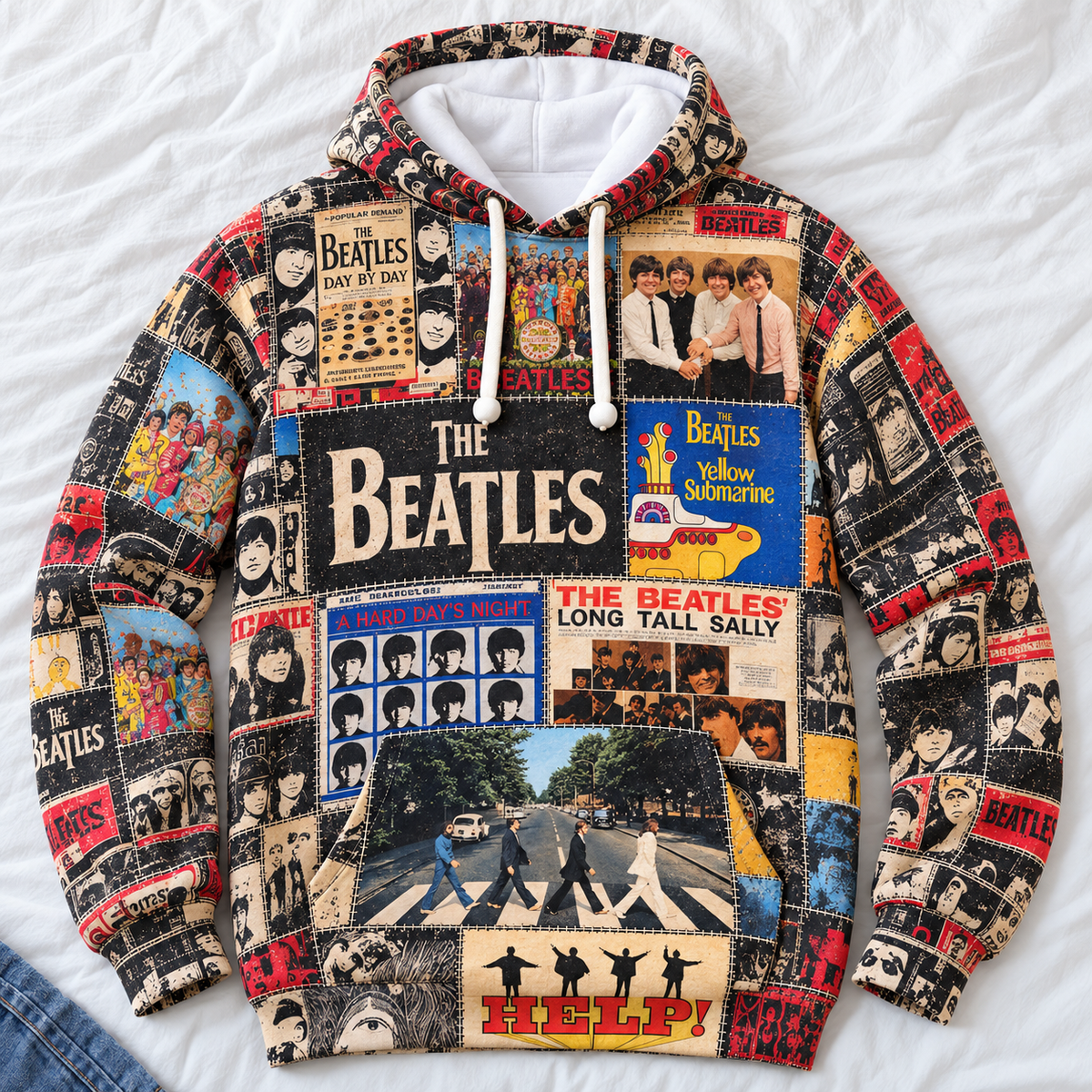 The Beatles Album Covers Patchwork Hoodie – Vintage 60s Rock Band Graphic Pullover, Abbey Road & Yellow Submarine Design, Retro Beatles Album Collage Sweatshirt,