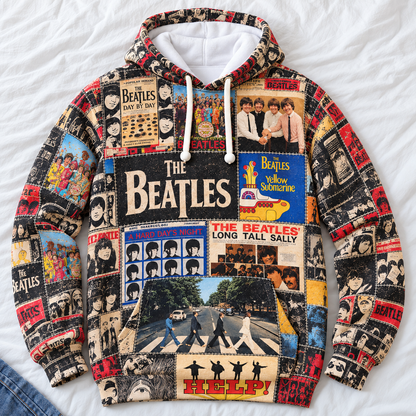 The Beatles Album Covers Patchwork Hoodie – Vintage 60s Rock Band Graphic Pullover, Abbey Road & Yellow Submarine Design, Retro Beatles Album Collage Sweatshirt,