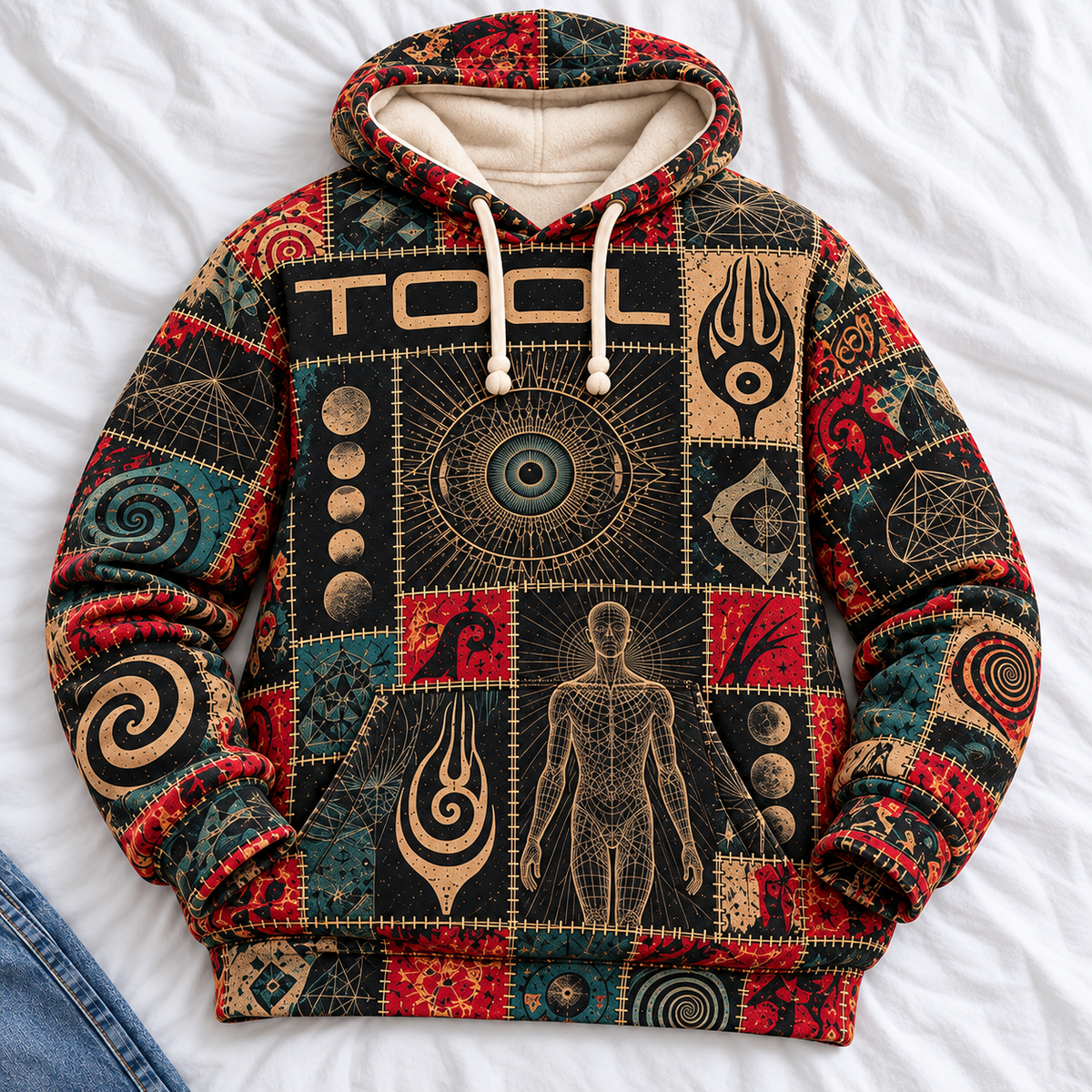 Tool Patchwork Hoodie – Vintage Progressive Metal Graphic Pullover, Lateralus & Sacred Geometry Inspired Design