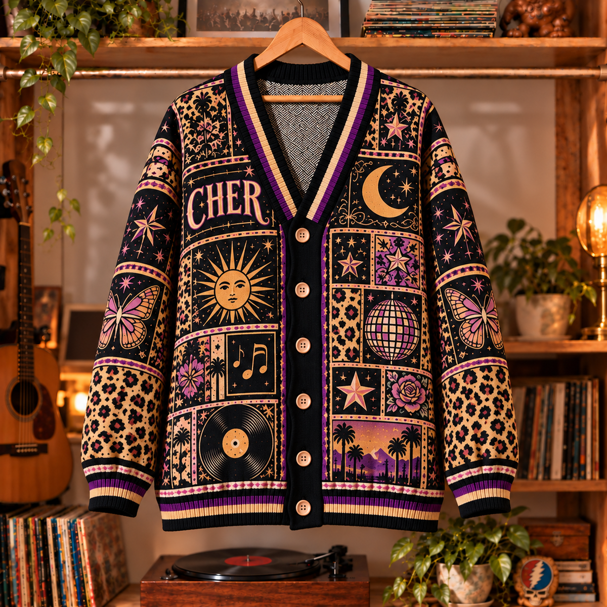 Cher Retro Graphic Cardigan - Vintage Singer Knit Outerwear, Pop Icon Fan Apparel & Fashion Style Gift