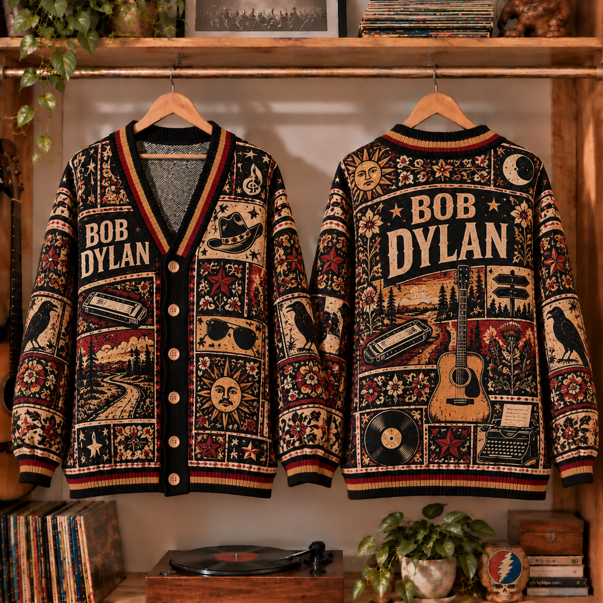 Bob Dylan Retro Graphic Cardigan - Vintage Folk Singer Knit Outerwear, Music Icon Fan Apparel & Fashion Style Gift
