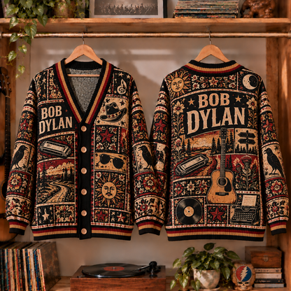 Bob Dylan Retro Graphic Cardigan - Vintage Folk Singer Knit Outerwear, Music Icon Fan Apparel & Fashion Style Gift