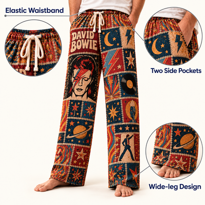 David Bowie Pajama Pants - Patchwork Aladdin Sane Art Sleepwear | Comfortable Glam Rock Fan Lounge Pants