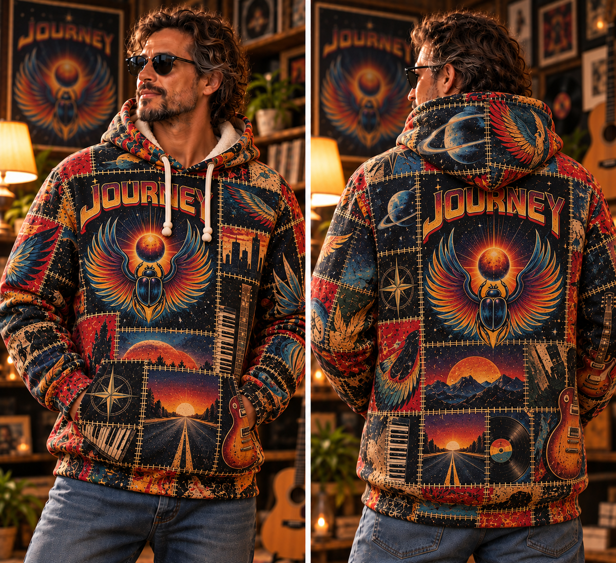 Journey Patchwork Hoodie – Vintage Rock Band Graphic Pullover, Retro Phoenix & Sunset Design, Classic Rock Music Fan Gift, Journey Inspired Sweatshirt