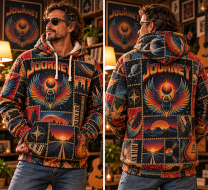 Journey Patchwork Hoodie – Vintage Rock Band Graphic Pullover, Retro Phoenix & Sunset Design, Classic Rock Music Fan Gift, Journey Inspired Sweatshirt