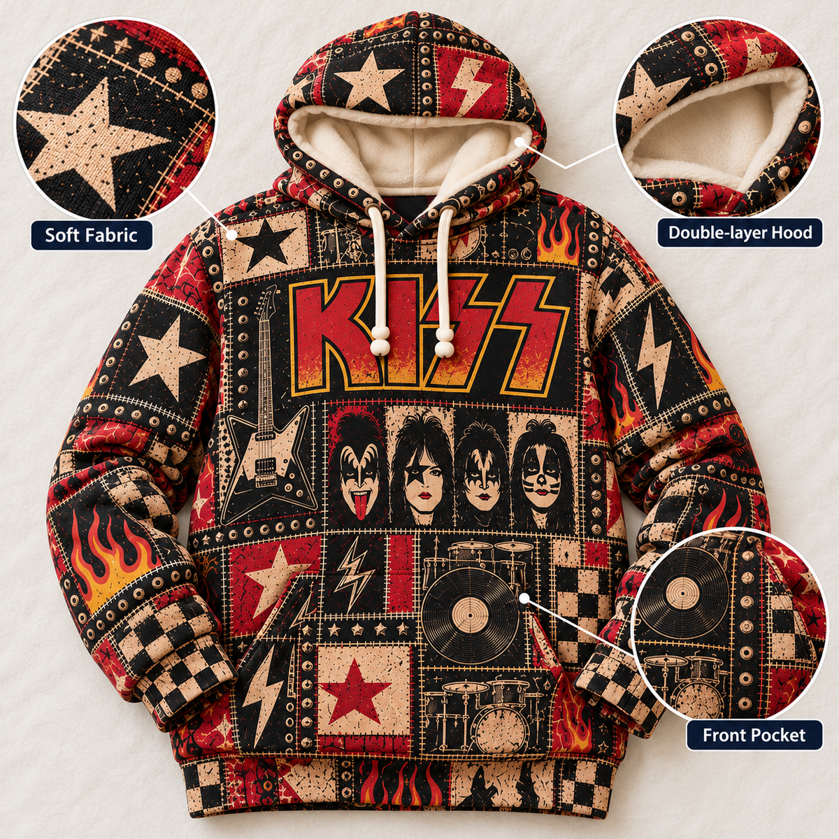 KISS Patchwork Hoodie – Vintage Rock Band Graphic Pullover, Retro 70s Hard Rock Flame & Lightning Design, KISS Army Fan Gift, Unisex Sweatshirt