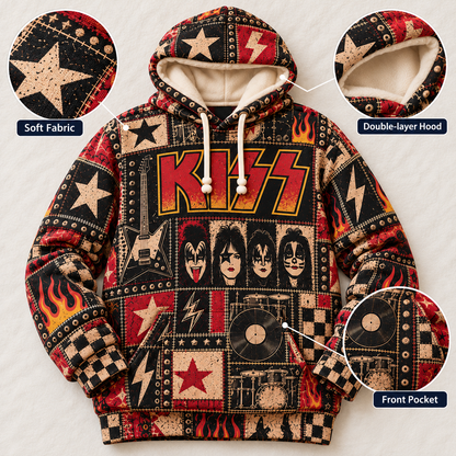 KISS Patchwork Hoodie – Vintage Rock Band Graphic Pullover, Retro 70s Hard Rock Flame & Lightning Design, KISS Army Fan Gift, Unisex Sweatshirt