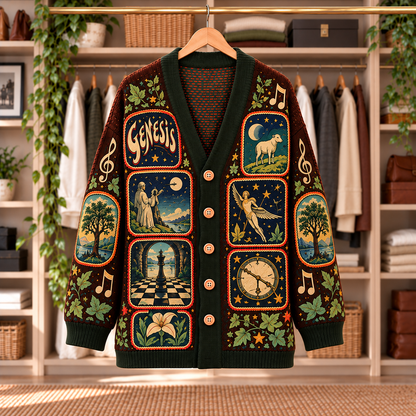 Genesis Patchwork Knitted Cardigan - Casual Oversized Button Sweater, Prog Rock Chessboard Clock Music Fan Gift