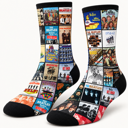 The Beatles Abbey Road & Help! Classic Rock Middle Tube Socks - Retro Patchwork Album Covers & John, Paul, George, Ringo Art Printed Crew Socks