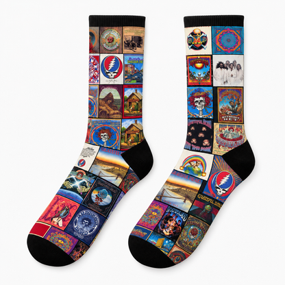 Grateful Dead Classic Psychedelic Rock Middle Tube Socks - Vintage Steal Your Face & Dancing Bear Art Printed Crew Socks