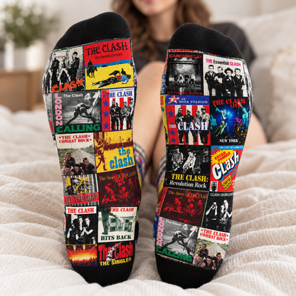 The Clash London Calling Classic Punk Rock Middle Tube Socks - Retro Patchwork Album Covers & Combat Rock Poster Printed Crew Socks