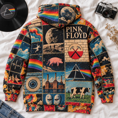 Pink Floyd Patchwork Hoodie – Vintage Psychedelic Rock Graphic Pullover, Dark Side of the Moon Inspired Sweatshirt, Retro 70s Rock Music Hoodie