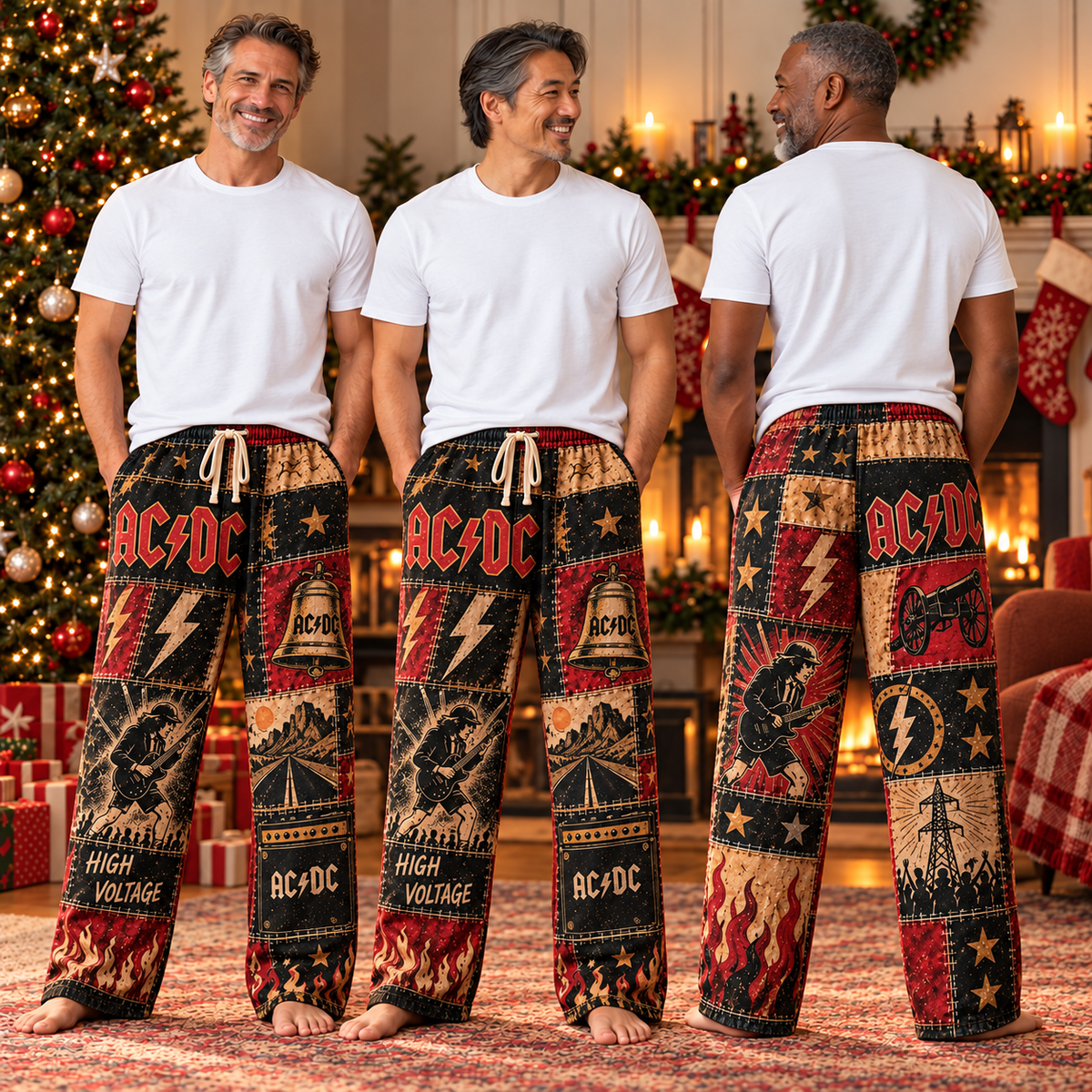 AC/DC Rock Band Pajama Pants - Christmas Holiday Lounge Pants, Hard Rock Fan Sleepwear & Xmas Gift for Men