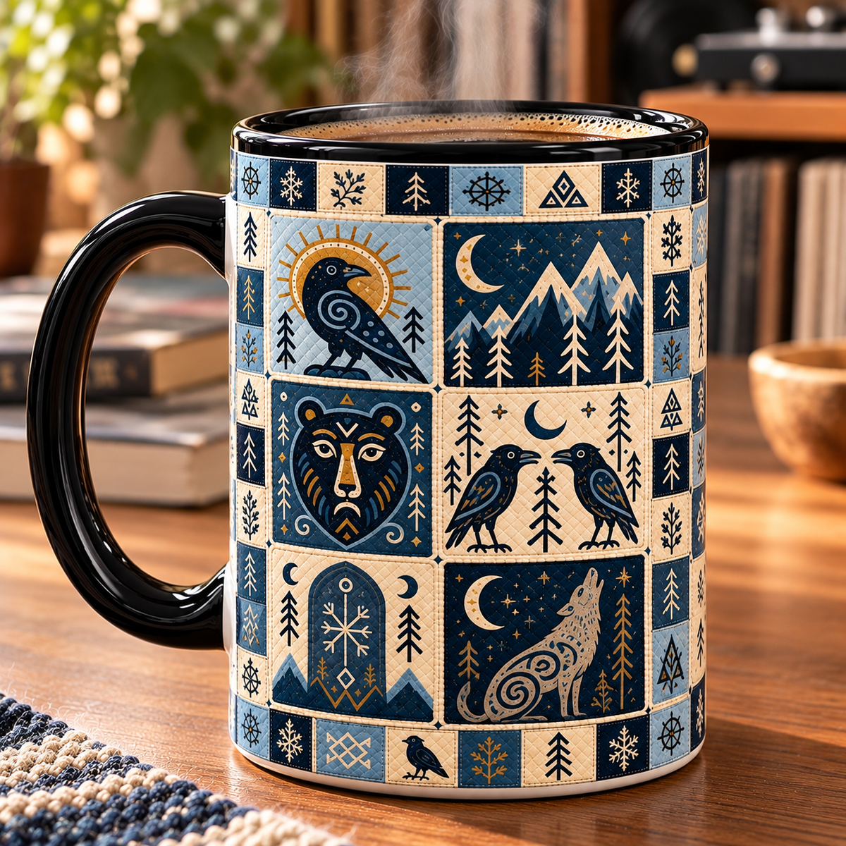 Nordic Viking Folklore Graphic Ceramic Mug - Blue & Cream Scandinavian Heritage Coffee & Tea Drinkware