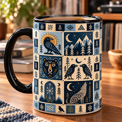 Nordic Viking Folklore Graphic Ceramic Mug - Blue & Cream Scandinavian Heritage Coffee & Tea Drinkware