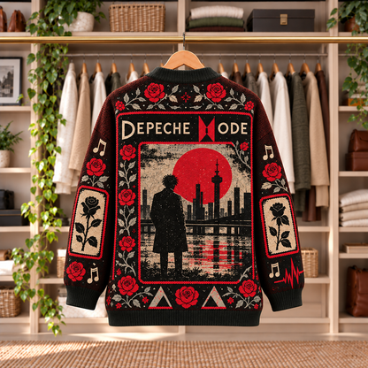 Depeche Mode Patchwork Knitted Cardigan - Casual Oversized Button Sweater, Red Rose Synthesizer New Wave Fan Gift