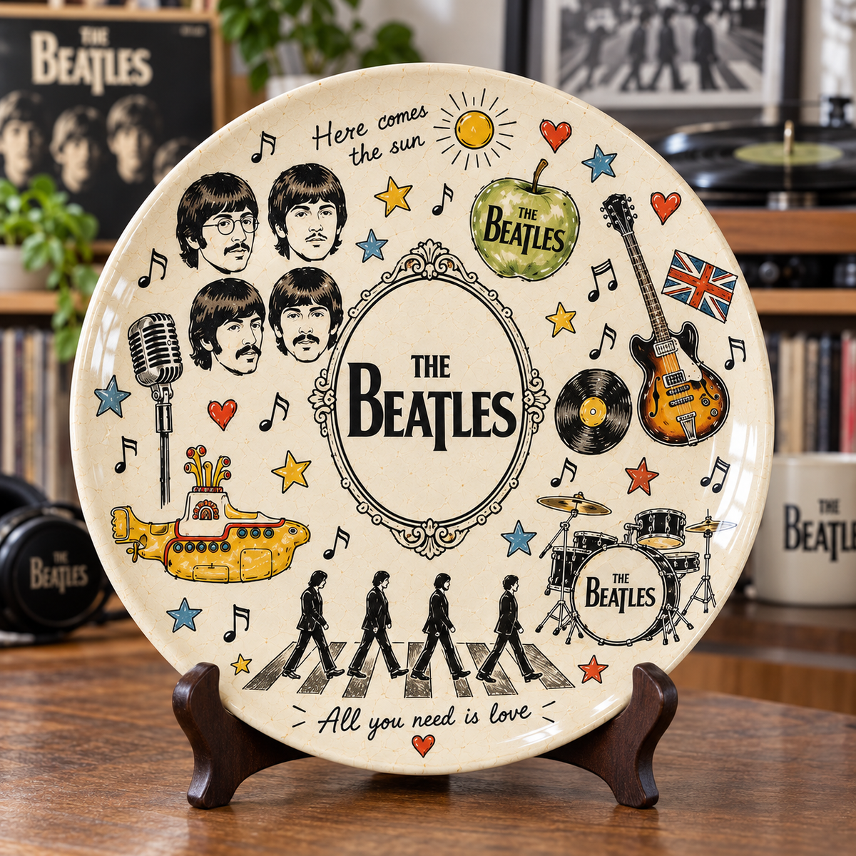 The Beatles Sketch Art Ceramic Plate - Decorative Wall & Table Display Dish, Abbey Road Yellow Submarine Rock Fan Gift