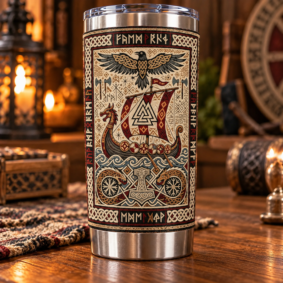 Vintage Viking Longship & Vegvisir Tapestry Pattern Tumbler - Ancient Norse Mythology Stainless Steel Drinkware