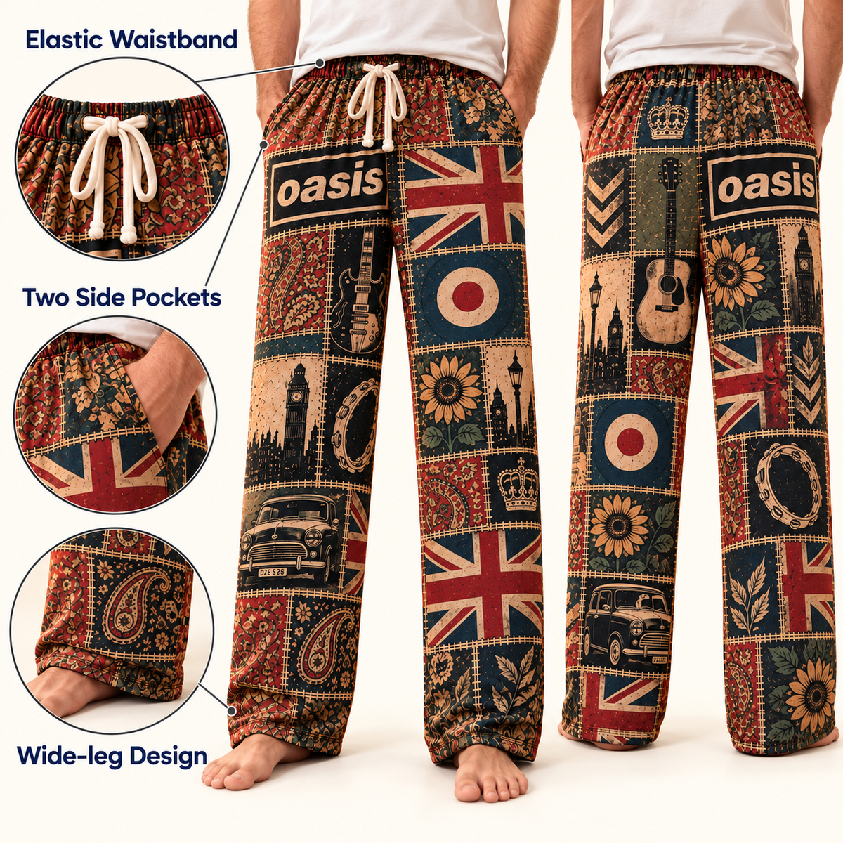 Oasis Classic Britpop Lounge Pants - Retro Patchwork London Skyline, Classic Mini Car & Mod Target Art Sleepwear