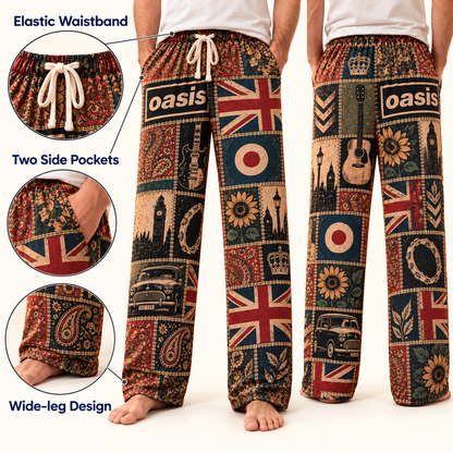 Oasis Classic Britpop Lounge Pants - Retro Patchwork London Skyline, Classic Mini Car & Mod Target Art Sleepwear