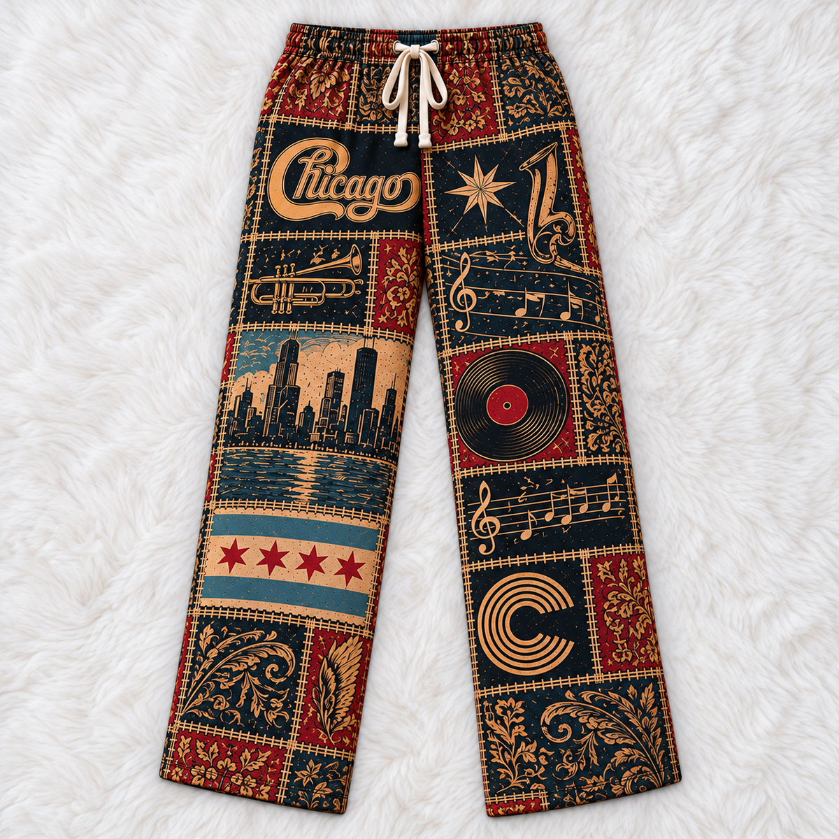 Chicago Pajama Pants- Patchwork Brass Horn & City Flag Art Lounge Pants | Classic Rock Memorabilia & Gift