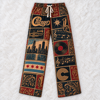 Chicago Pajama Pants- Patchwork Brass Horn & City Flag Art Lounge Pants | Classic Rock Memorabilia & Gift