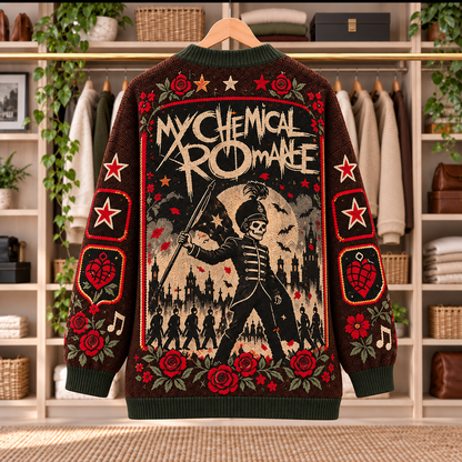 My Chemical Romance Patchwork Cardigan - Casual Oversized Button Sweater, Black Parade Skeleton Spider Emo Rock Fan Gift