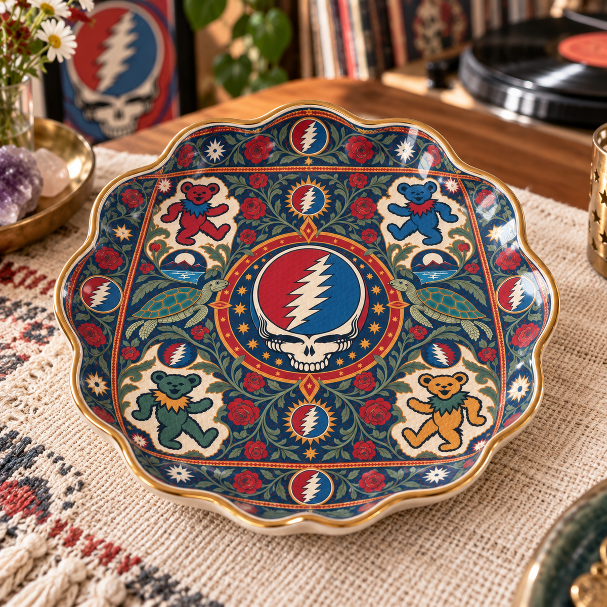 Grateful Dead Steal Your Face Jewelry Dish - Ceramic Trinket Tray, Dancing Bears Ring Holder, Psychedelic Rock Band Fan Gift