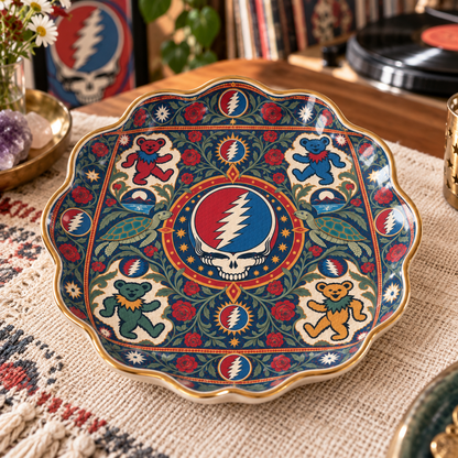 Grateful Dead Steal Your Face Jewelry Dish - Ceramic Trinket Tray, Dancing Bears Ring Holder, Psychedelic Rock Band Fan Gift
