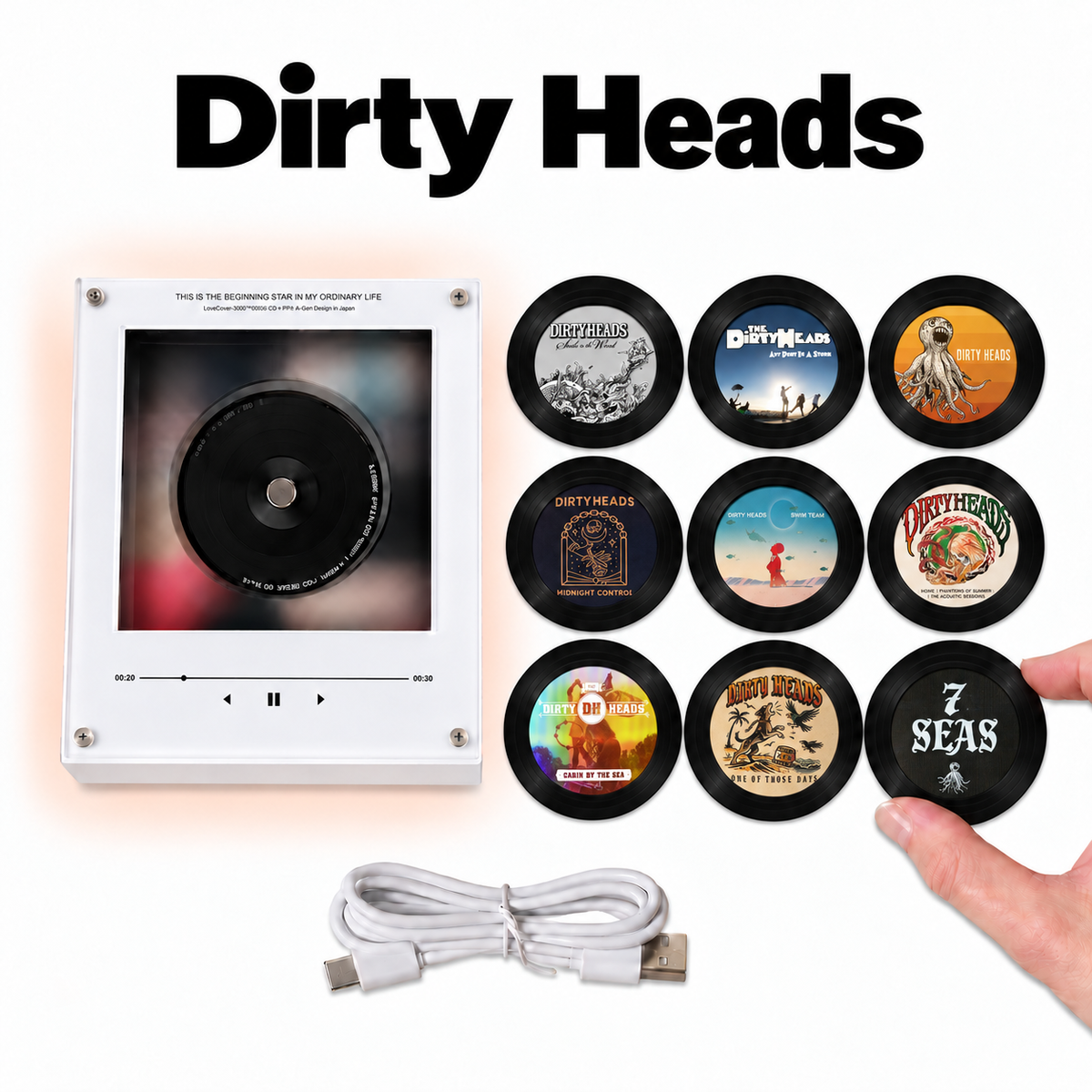 Dirty Heads MagTune Mini CD Player Light Box - Album Art Disc Night Light & Music Decor Display, USB Backlit Reggae Rock Collector Fan Gift
