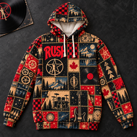Rush Patchwork Hoodie – Vintage Progressive Rock Band Graphic Pullover, 2112 Starman Inspired Hoodie, Retro Music Lover Gift