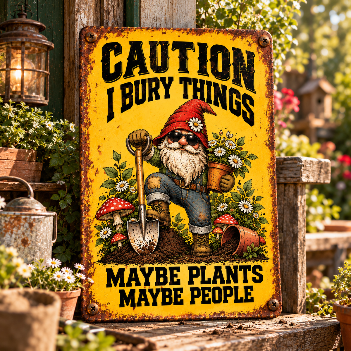 Funny Garden Gnome Metal Sign, Caution I Bury Things Maybe Plants Maybe People, Rustic Gnome Yard Decor, Dark Humor Garden Gift