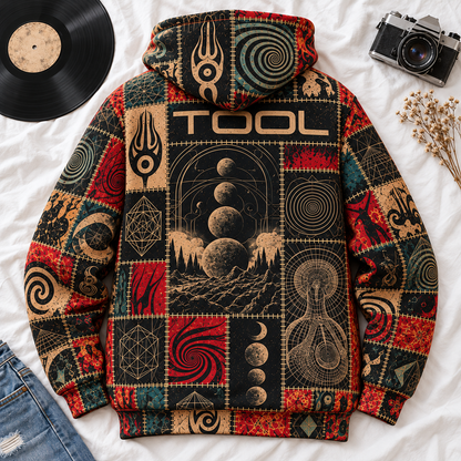 Tool Patchwork Hoodie – Vintage Progressive Metal Graphic Pullover, Lateralus & Sacred Geometry Inspired Design