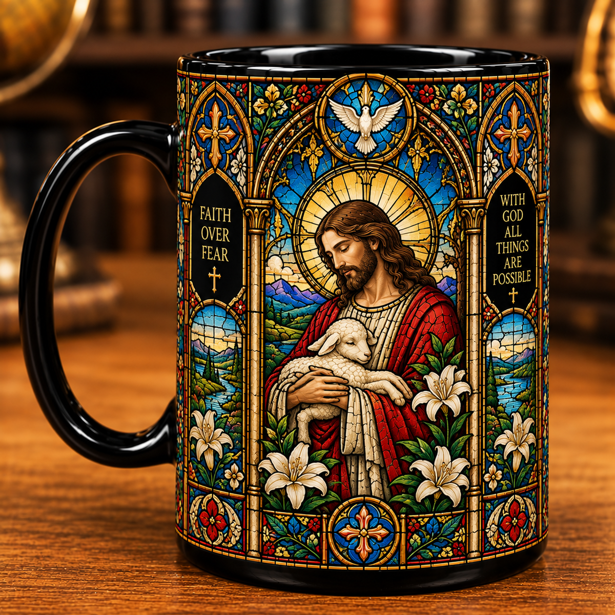 Jesus Stained Glass Mug – Faith Over Fear Christian Coffee Cup, Good Shepherd & Cross Religious Gift for Christian Women