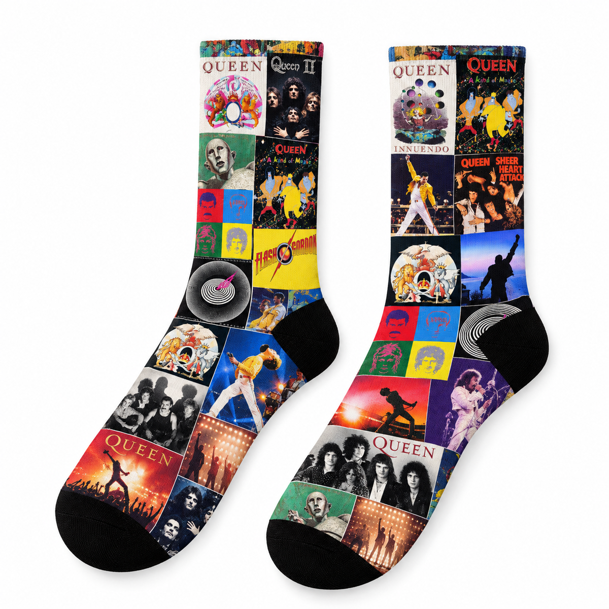 Queen Classic Rock Collage Middle Tube Socks - Vintage Album Art & Freddie Mercury Wembley Live Silhouette Printed Crew Socks - Comfortable Music Fan Novelty Gift