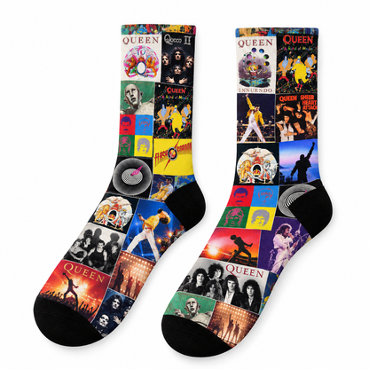 Queen Classic Rock Collage Middle Tube Socks - Vintage Album Art & Freddie Mercury Wembley Live Silhouette Printed Crew Socks - Comfortable Music Fan Novelty Gift
