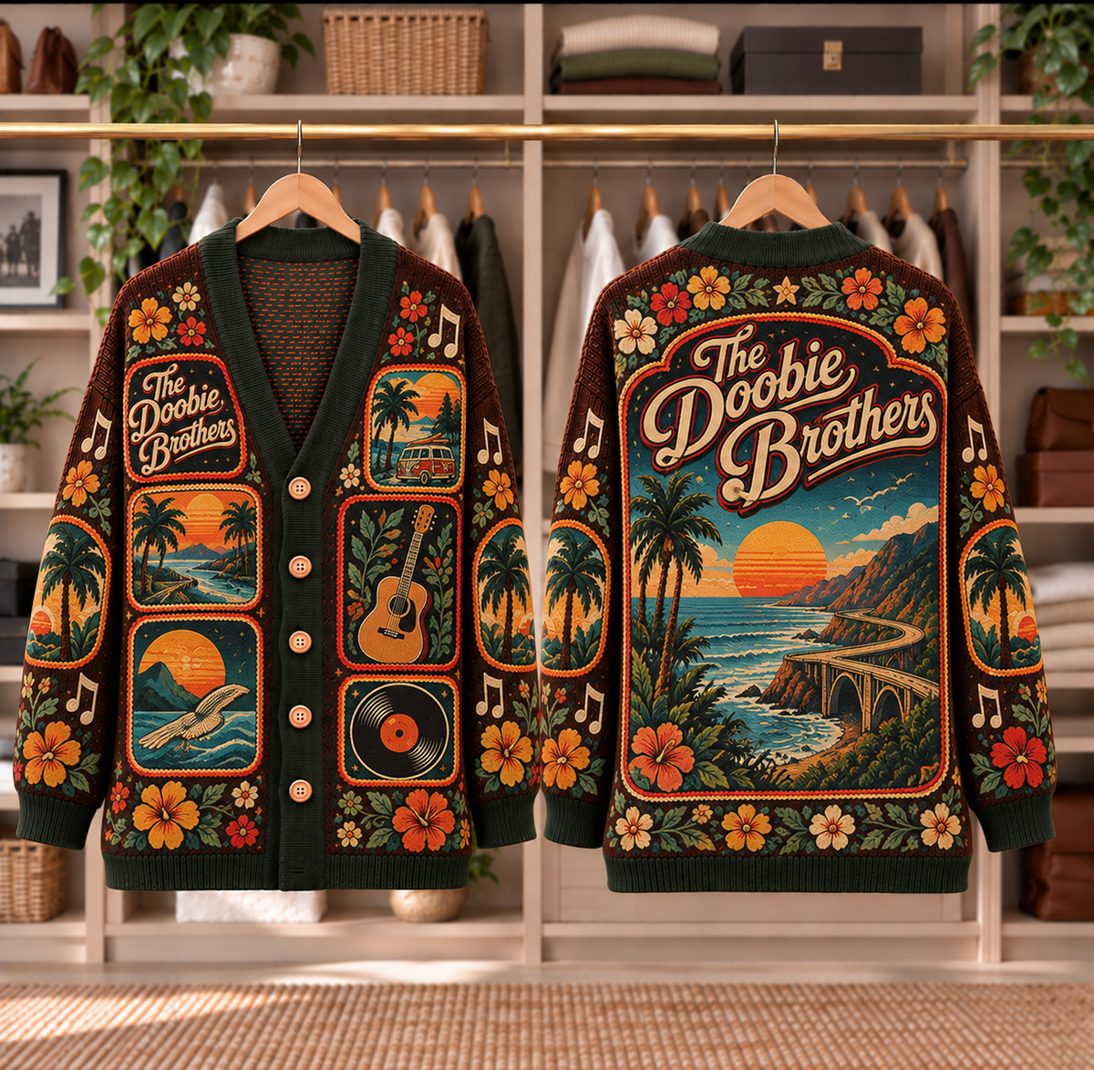 The Doobie Brothers Patchwork Cardigan - Casual Button Sweater, Acoustic Guitar Vinyl Sunset Rock Music Fan Gift