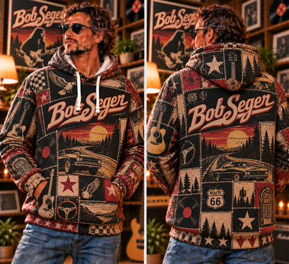 Bob Seger Patchwork Hoodie – Vintage Classic Rock Graphic Pullover, Retro 70s 80s Rock Music Hoodie, Bob Seger Fan Gift