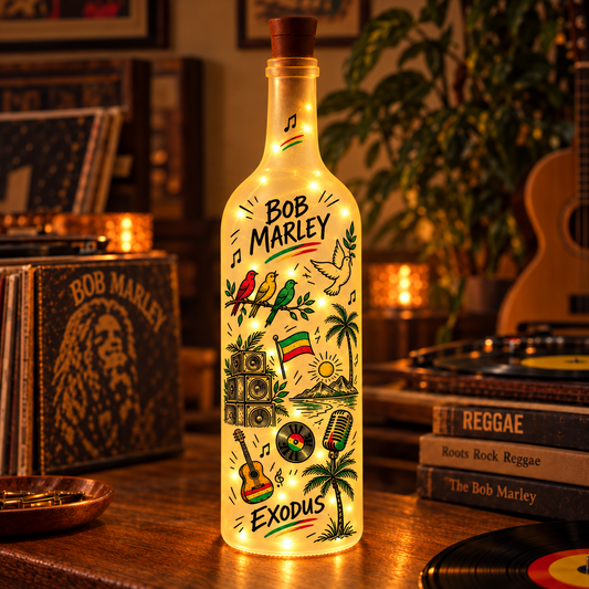 Bob Marley Vintage Lighted Bottle Lamp - Premium Reggae Music Merchandise, Three Little Birds & Exodus LED Fairy Light Up Bottle Night Light Decor Gift