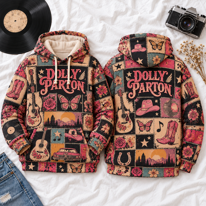 Dolly Parton Patchwork Hoodie – Vintage Country Music Graphic Pullover, Retro Western Floral Hoodie, Dolly Parton Fan Gift