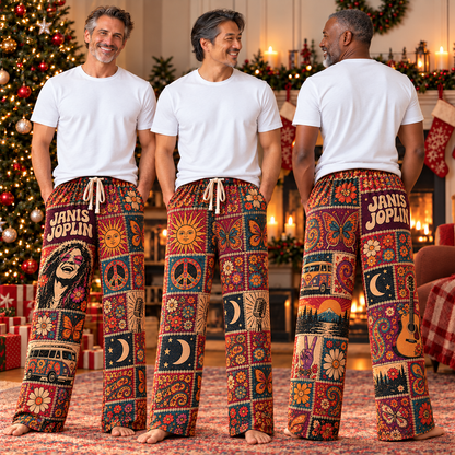 Janis Joplin Pajama Pants - Patchwork Psychedelic Blues Rock Sleepwear | Comfortable Music Fan Lounge Pants
