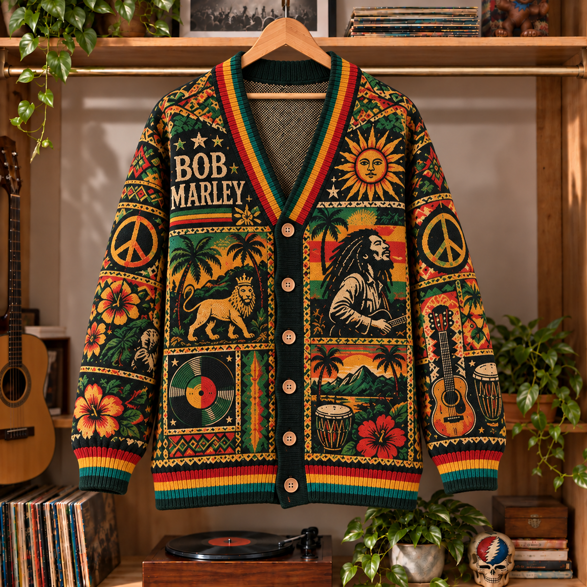Bob Marley Retro Reggae Knit Cardigan - Vintage Style Rasta Singer Button Down Sweater, Unique Island Roots Rock Reggae Merchandise Fan Outfit