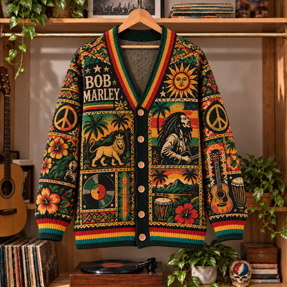 Bob Marley Retro Reggae Knit Cardigan - Vintage Style Rasta Singer Button Down Sweater, Unique Island Roots Rock Reggae Merchandise Fan Outfit